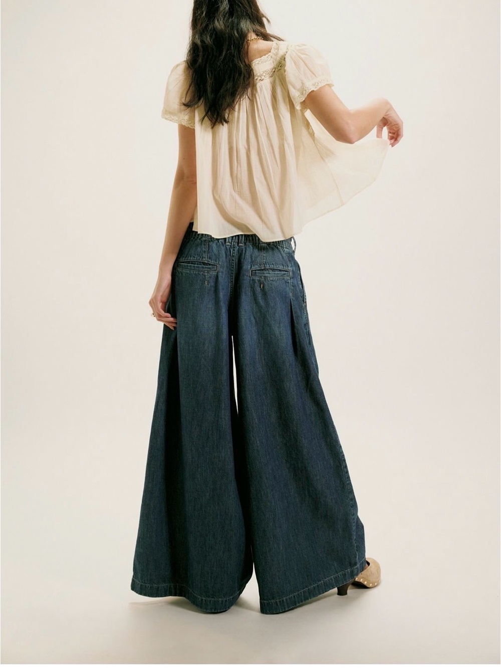 We The Free Scout Wide Leg Jeans Deep Indigo Pleated Elastic Back Denim Pants L - Picture 10 of 13